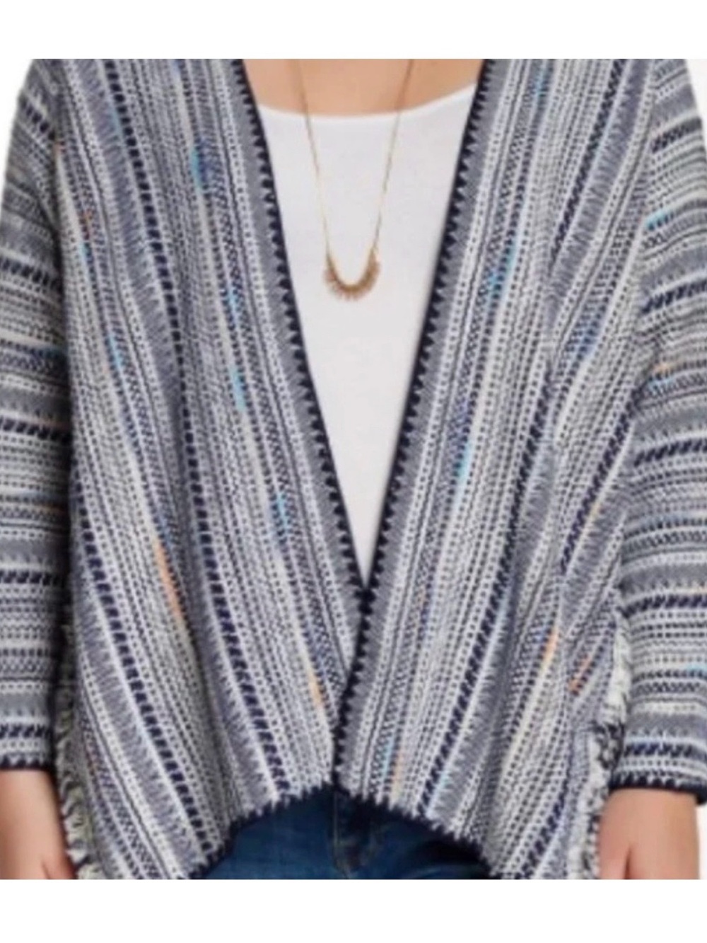Lucky Brand Open-Front Striped Knit Cardigan in Blue and Gray